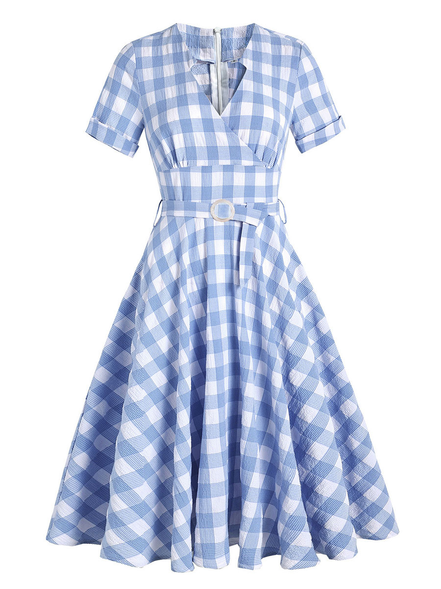 Women's Clothing Dresses | 1950S Vintage Dress Baby Blue Plaid Pattern Stretch Pleated Short Sleeves V Neck Rockabilly Dress - DQ03983