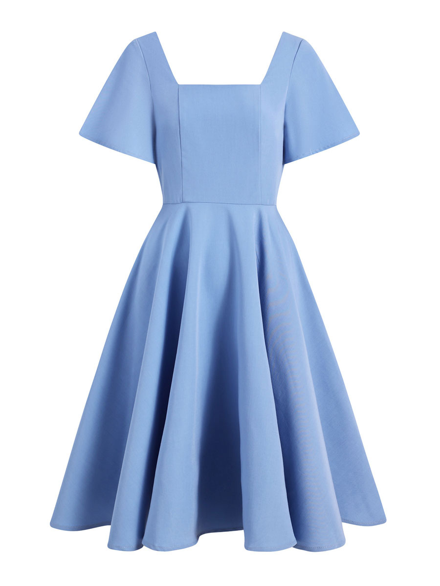 Snavset tage ned alene 1950S Vintage Dress Light Sky Blue Stretch Pleated Short Sleeves Square  Neck Rockabilly Dress - Milanoo.com