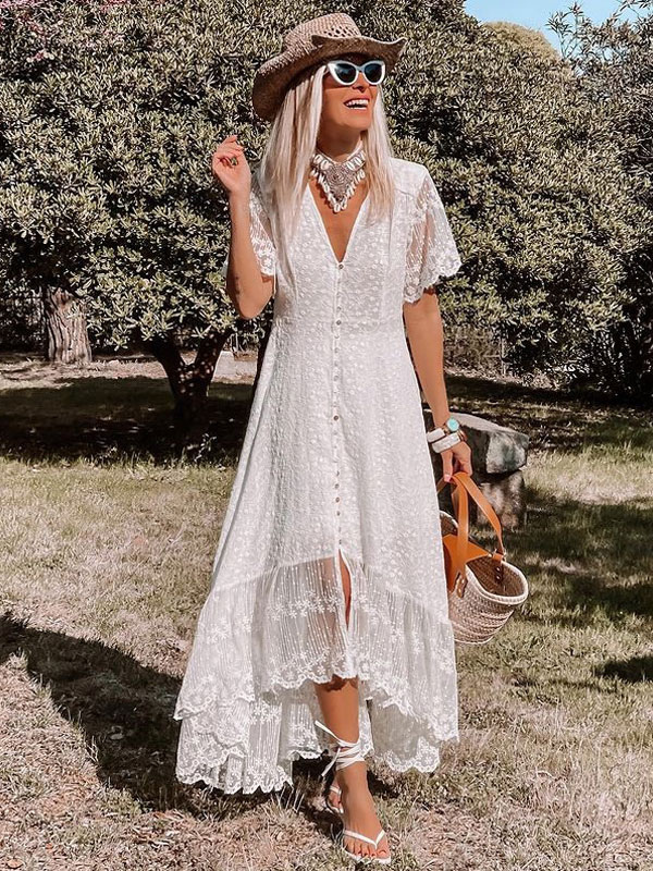 Maxi Dress V Short Sleeves Polyester Lace White Boho Dresses Milanoo.com