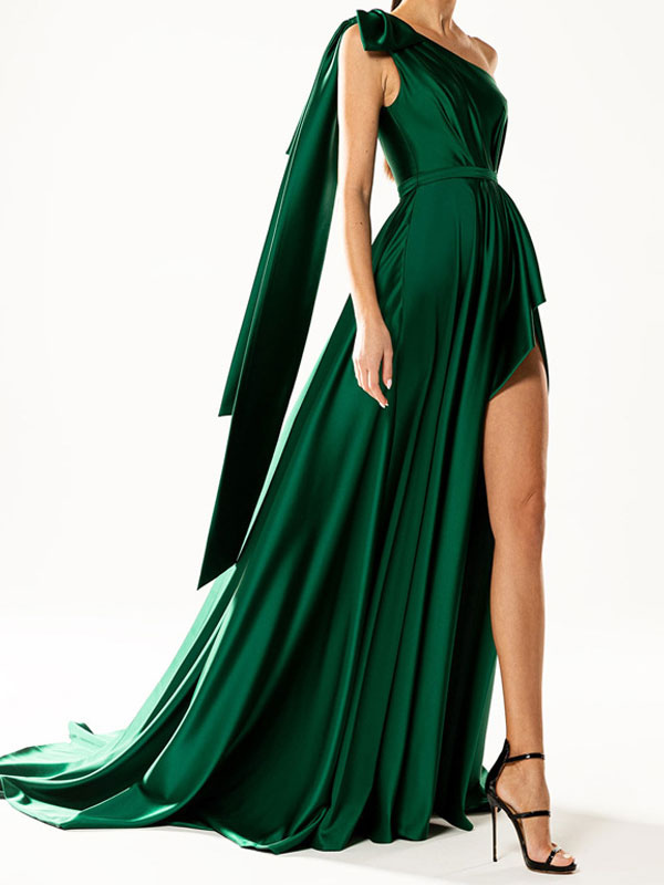 Women's Clothing Dresses | Party Dresses Green One Shoulder Sleeveless Open Shoulder High Slit Long Semi Formal Dress - TJ16015