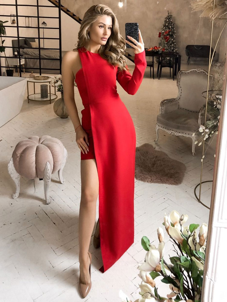 Women's Clothing Dresses | Party Dresses Red Jewel Neck Sleeveless Open Shoulder Long Semi Formal Dress - BA39413
