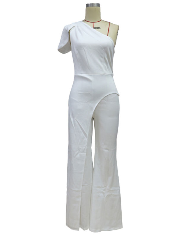 Women's Clothing Jumpsuits & Rompers | White One Shoulder Open Shoulder Polyester White Jumpsuits For Women - WV27184