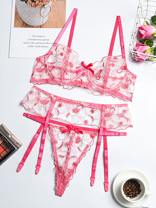 Lingerie Bras For Woman Pink Printed Polyester Piping Garter Bra Panty ...