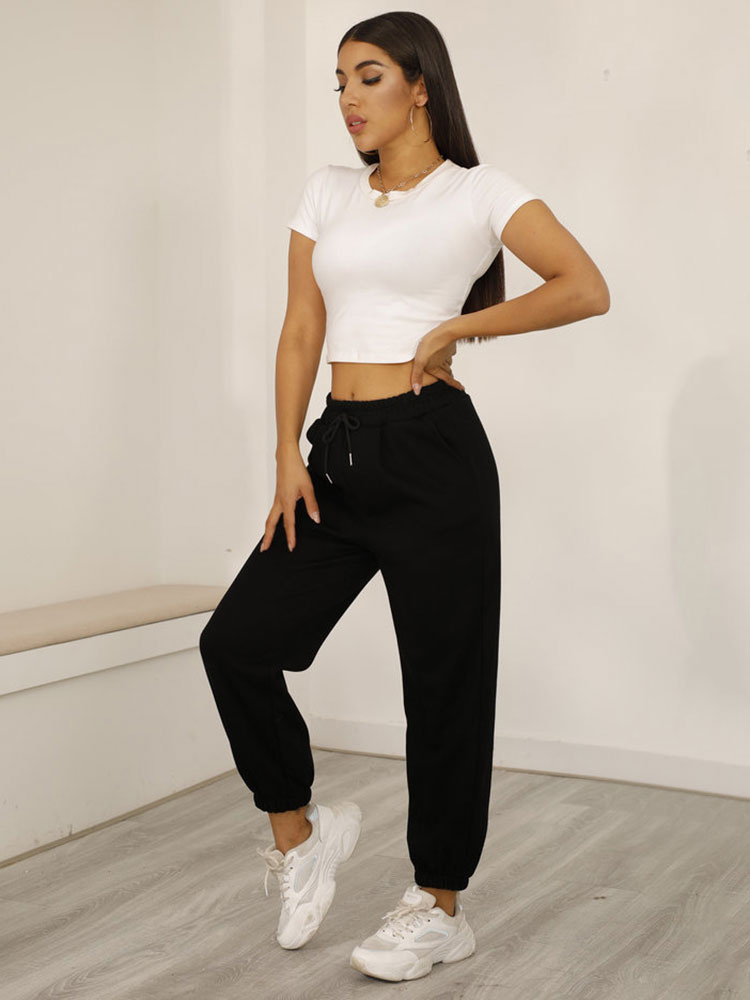 Women's Clothing Women's Bottoms | Women Sweatpants Black Polyester Low Rise Waist Trousers - LW13149