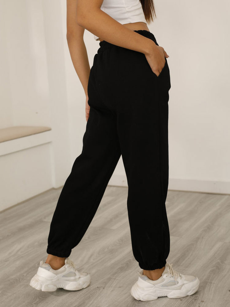 Women's Clothing Women's Bottoms | Women Sweatpants Black Polyester Low Rise Waist Trousers - LW13149