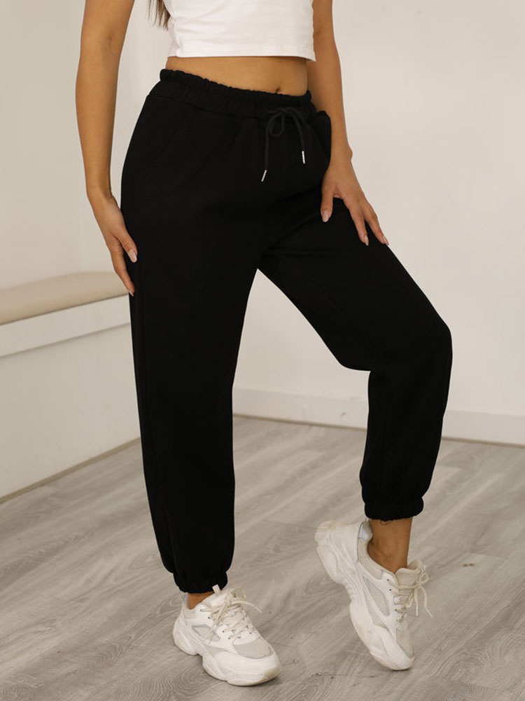 Women's Clothing Women's Bottoms | Women Sweatpants Black Polyester Low Rise Waist Trousers - LW13149