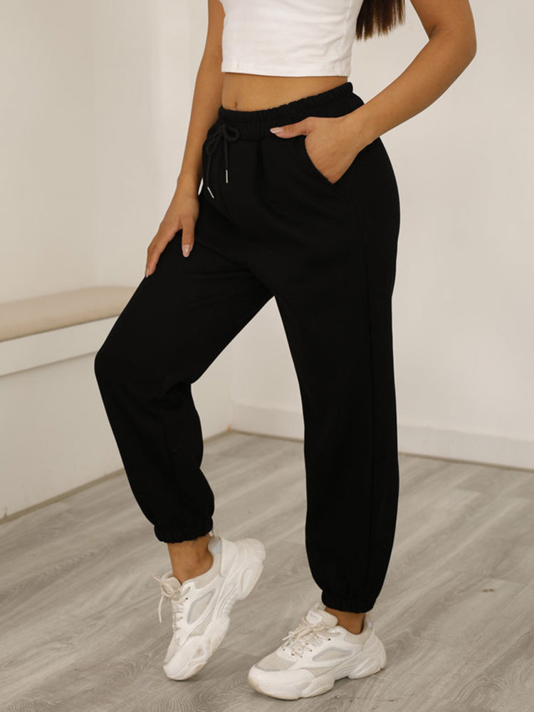 Women's Clothing Women's Bottoms | Women Sweatpants Black Polyester Low Rise Waist Trousers - LW13149