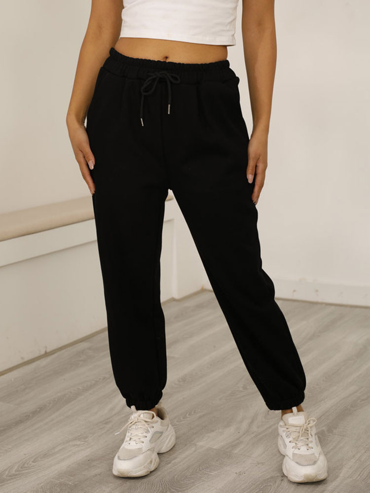 Women's Clothing Women's Bottoms | Women Sweatpants Black Polyester Low Rise Waist Trousers - LW13149