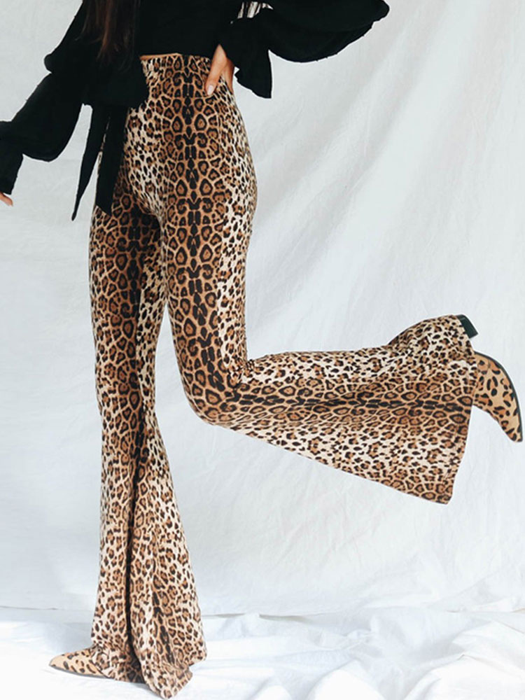 Women's Clothing Women's Bottoms | Women Flared Pants Leopard Print Pattern Cotton High Rise Waist Trousers - II27215