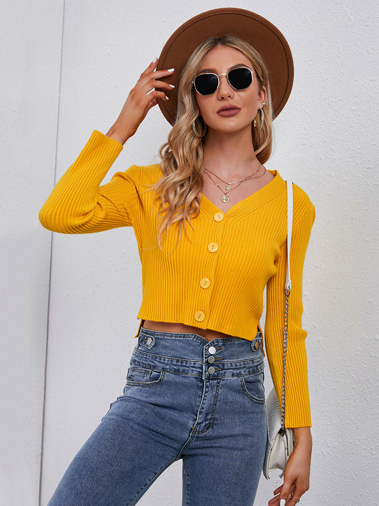 Women's Clothing Sweaters & Cardigans | Sweaters Cardigans Yellow Polyester Buttons Long Sleeves V Neck Cardigans - RQ45424