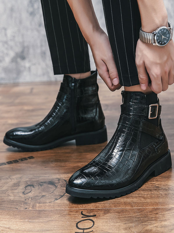 Shoes Men's Shoes | Men's Croc Print Chelsea Boots with Buckle Black - MD30197