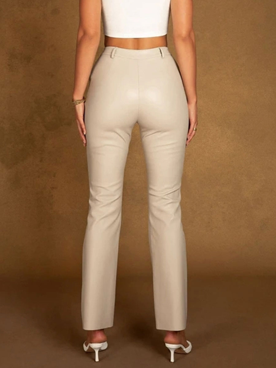 Women's Clothing Women's Bottoms | Women Pants Coffee Brown Pu Leather Raised Waist Zipper Fly Brown Straight Trousers - CJ35813