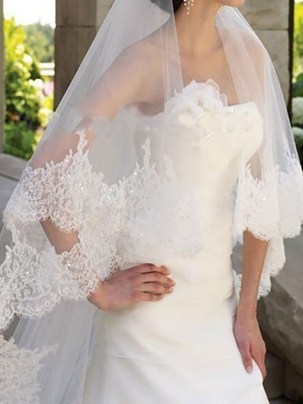Ivory Wedding Veils One-Tier Tulle Finished Edge Waterfall Long Bridal Veil  - Milanoo.com