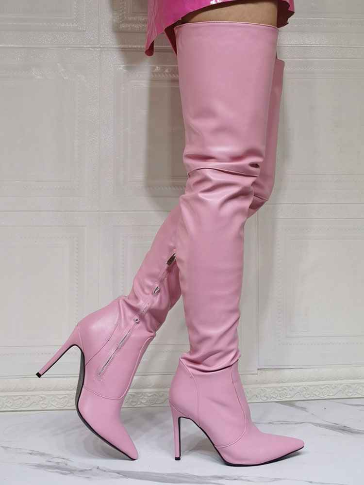 The Knee Boots Size Stiletto Heel Leather Pink Thigh High Boots - Milanoo.com