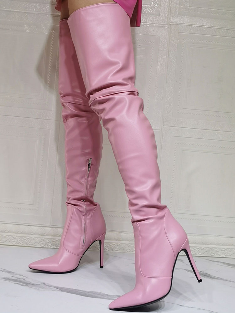 Women Over The Knee Boots Plus Size Stiletto Heel Pu Leather Pink Thigh High Boots