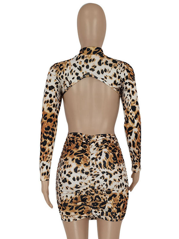 Women's Clothing Clubwear | Club Dress For Women High Collar Cut Out Long Sleeves Polyester Leopard Print Backless Sexy Bodycon 