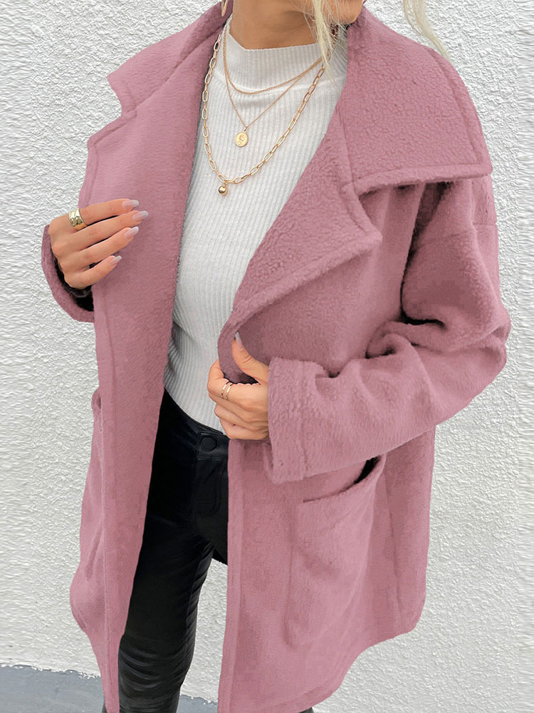 Women's Clothing Outerwear | Long Coat For Woman Turndown Collar Pockets Casual Pink Oversized Apricot Wrap Coat Cozy Active Outerwear - IB45172