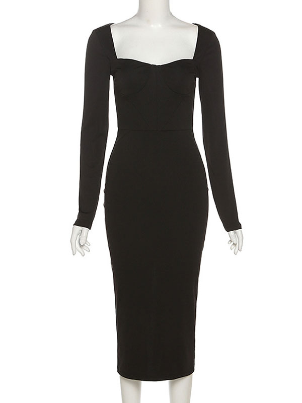 Club Dress Black Square Neck Long Sleeves Polyester Stretch Sexy Dress