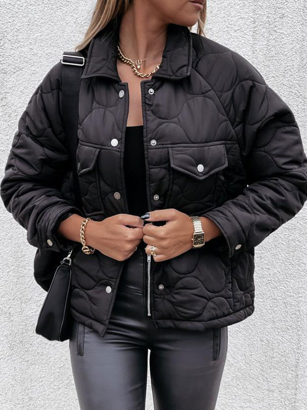 Women's Clothing Outerwear | Women Puffer Coats Black Buttons Turndown Collar Front Button Long Sleeves Casual Oversized Winter Coat Cozy Active Outerwear - RQ55157