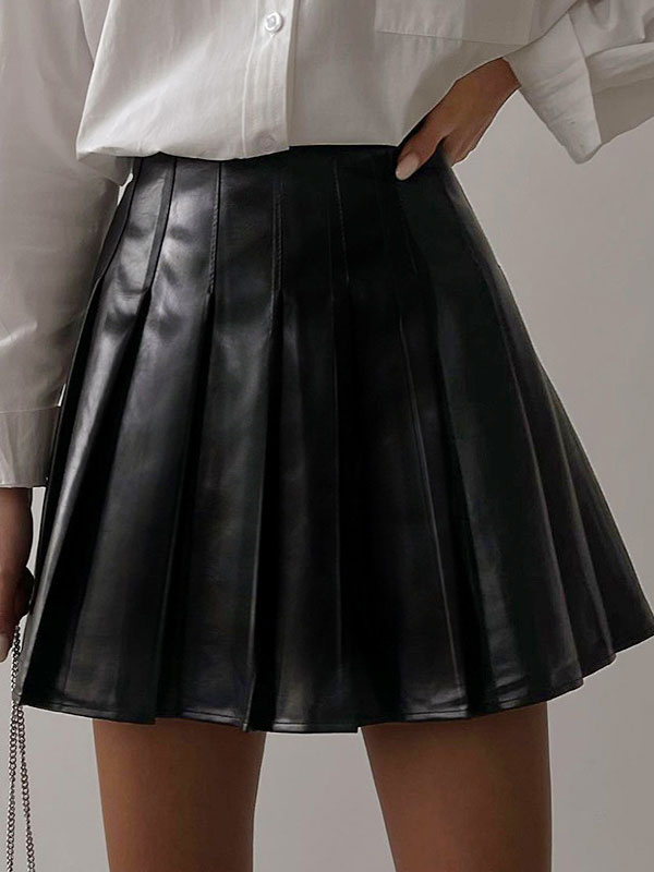 Women's Clothing Women's Bottoms | Skater Dresses For Women Black Pu Leather Casual Flared Mini Dress - NZ49415