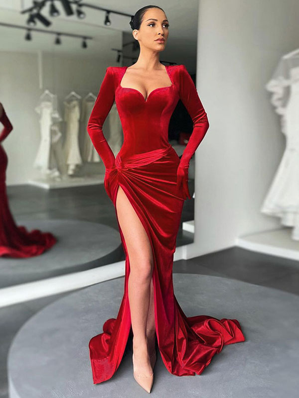 Women's Clothing Clubwear | Club Dress For Women Red Sweetheart Neck Split Front Long Sleeves Polyester High Slit Sexy Maxi Dress - TW40863