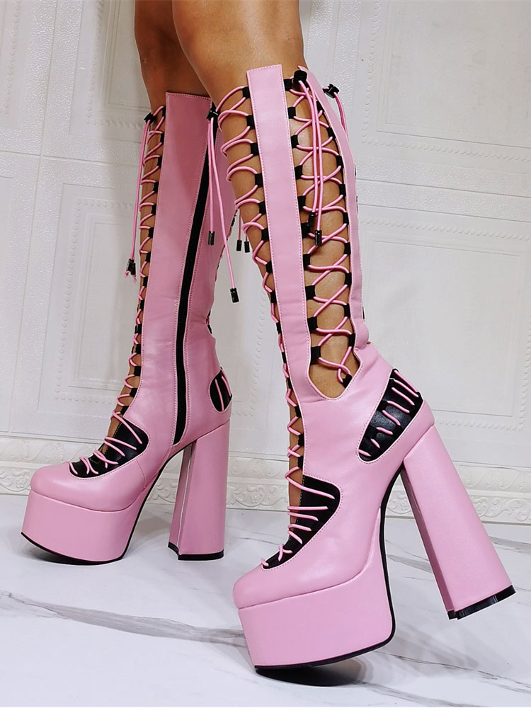 Women Pink Boots Chunky Heel PlatformsPU Leather Knee High Summer Boots ...