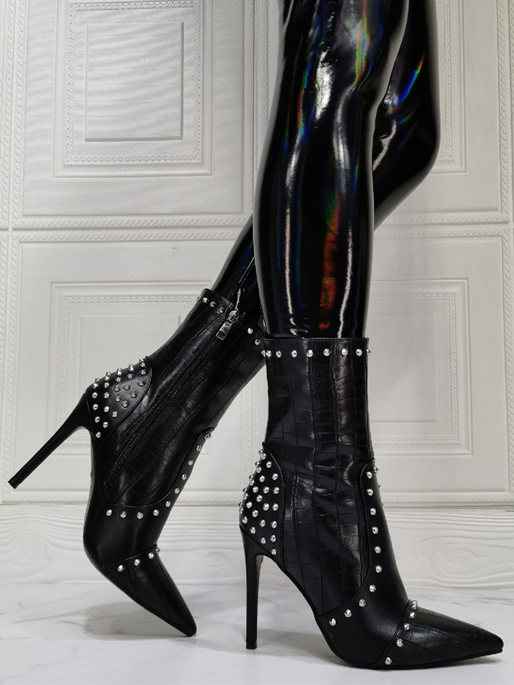 Zapatos de Mujer | Botines de mujer Punta puntiaguda Tacón de aguja Cuero de PU High-Tops Botines negros - KP40272