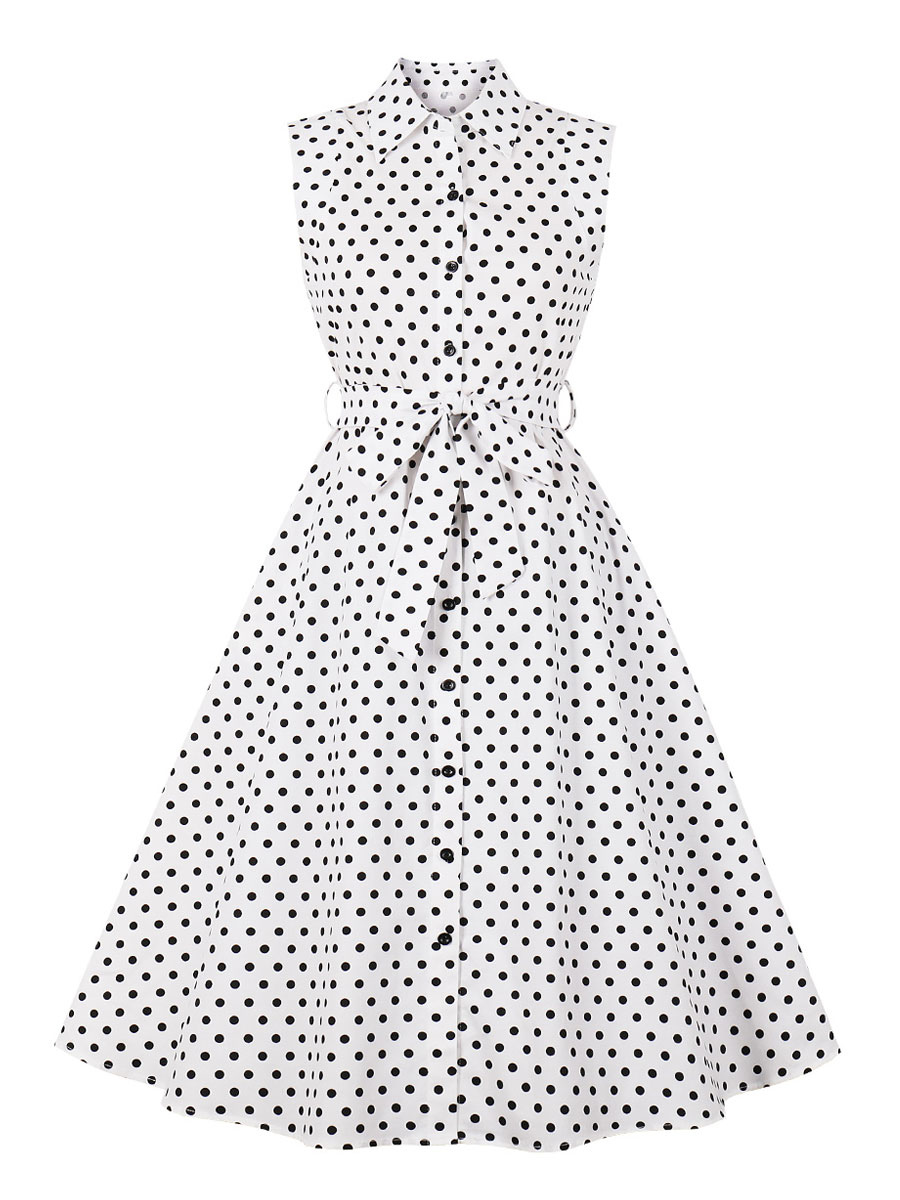 Moda Mujer Vestidos | Vestido retro de los años 50 Botones de cuello vuelto Vestido largo sin mangas elástico de lunares Rockabilly - XP96577