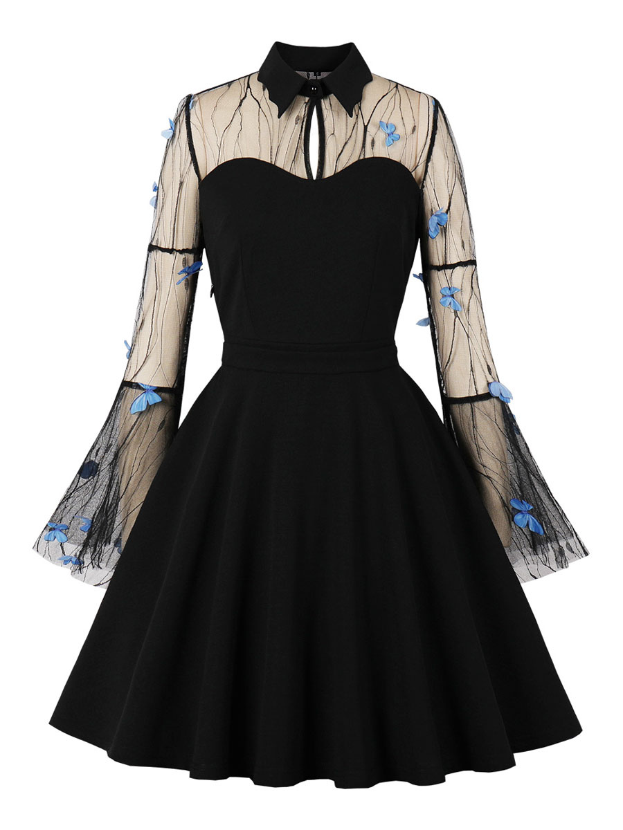 Moda Mujer Vestidos | Vestido vintage de los años 50, cuello alto, plisado, con capas, mangas largas, hasta la rodilla, vestido con estampado de animales, columpio - KL99294