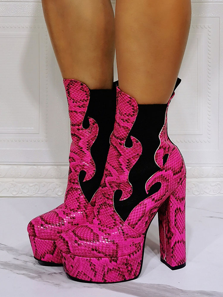Zapatos de Mujer | Botines de mujer con punta redonda geométrica, tacón grueso, botines rosas de cuero PU - OH01539
