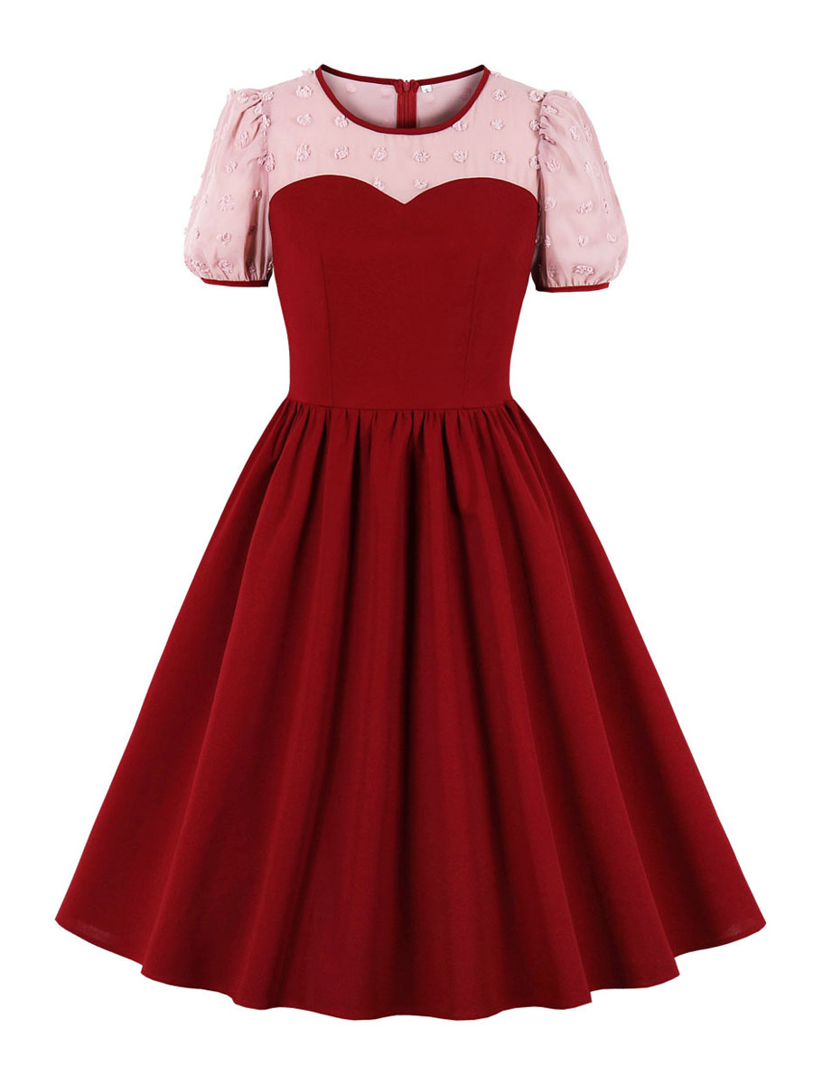 Women's Clothing Dresses | 1950S Retro Dress Red Two Tone Stretch Lace Short Sleeves Jewel Neck Red Swing Dress - EV00411