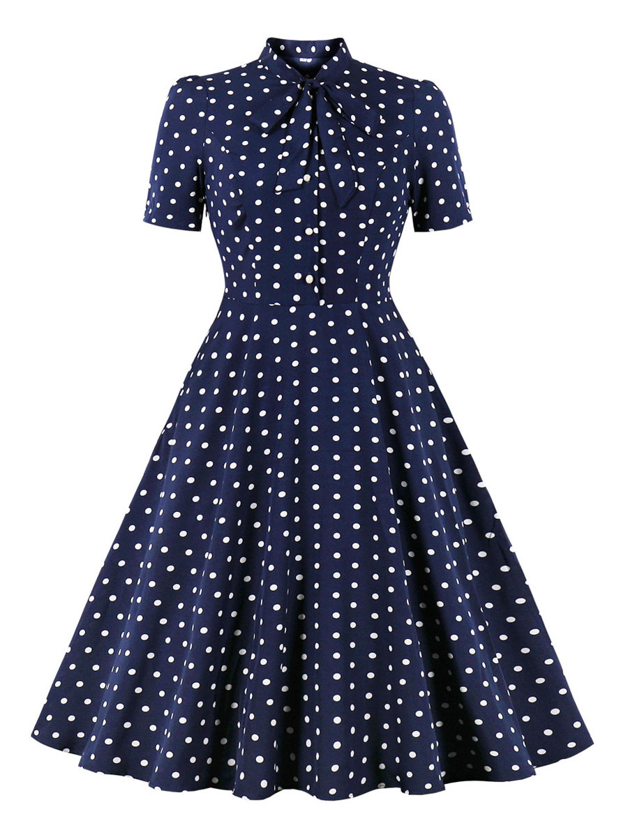 Women's Clothing Dresses | 1950S Retro Dress Dark Navy Polka Dot Stretch Piping Short Sleeves High Collar Swing Dress - NQ00047