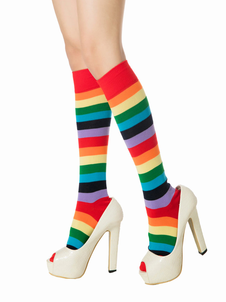 Women's Clothing Women's Bottoms | Women Long Socks Tights Split Color Rainbow Stripes Pattern Polyester Socks - PS82586