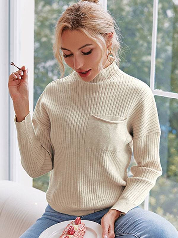 Women's Clothing Sweaters & Cardigans | Women Pullover Sweater Apricot Piping High Collar Long Sleeves Stretch Polyester Sweater