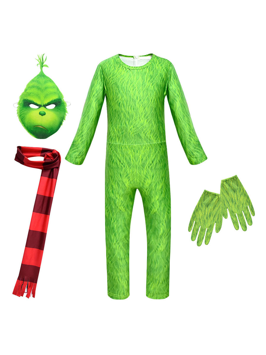 4 tlg Kinder Jungen Mädchen Grinch Cosplay Kostüm Overalls Handschuhe Weihnachte