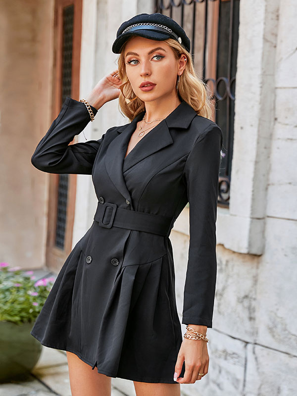 Moda Mujer Chaquetas | Blazer para mujer, moderno, con cuello en V, plisado, mangas largas, elástico, poliéster, vestido negro de camisa - VL88290