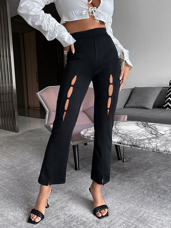Moda Mujer Mujeres Botones | Pantalones Pantalones rectos con cremallera de cintura levantada y cintura elástica con corte de poliéster negro - EP57840