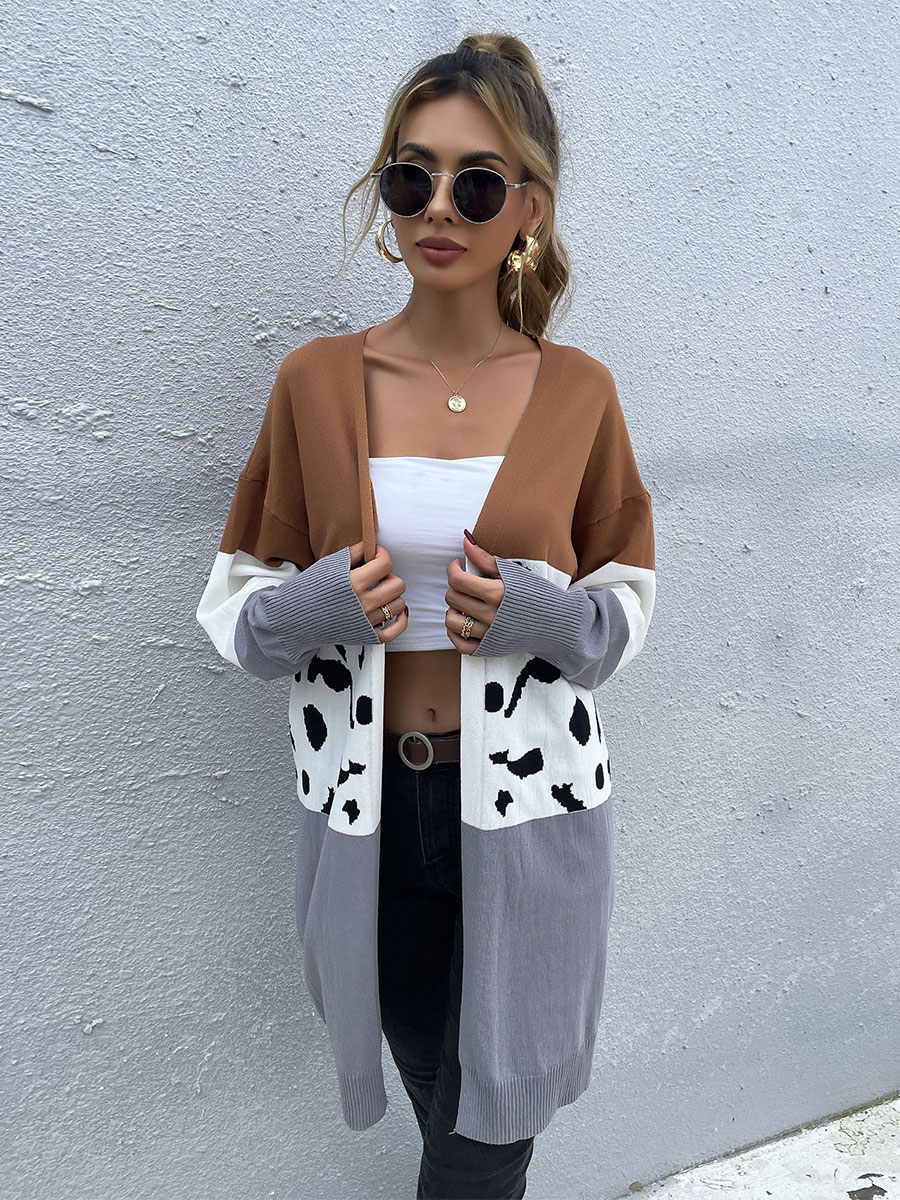 Women's Clothing Sweaters & Cardigans | Sweaters Cardigans Khaki Polyester Color Block Long Sleeves Stretch Long Cardigans - ES2