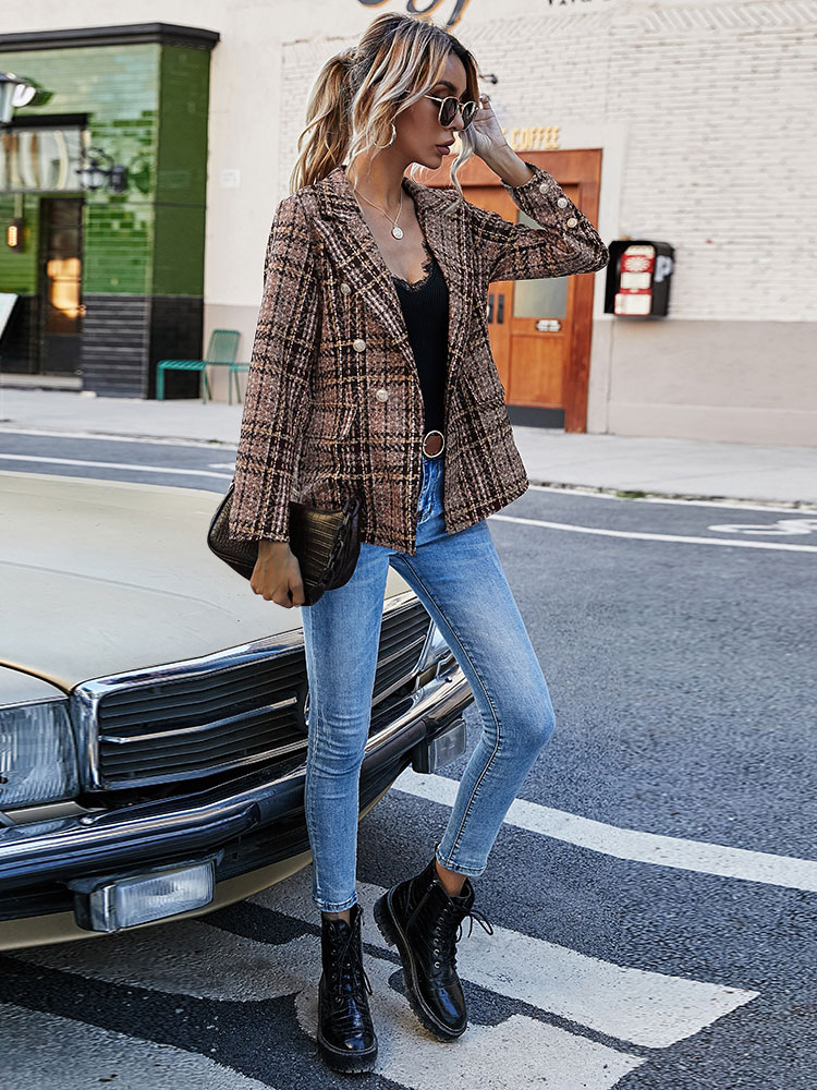 Women's Clothing Outerwear | Women Blazer Fashion Turndown Collar Long Sleeves Coffee Brown Plaid Shacket - XR97816