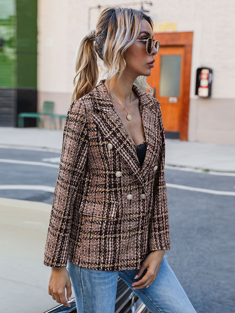 Women's Clothing Outerwear | Women Blazer Fashion Turndown Collar Long Sleeves Coffee Brown Plaid Shacket - XR97816