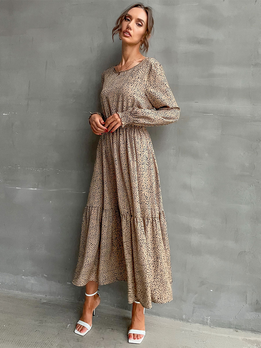 Women's Clothing Dresses | Maxi Dress High Collar Long Sleeves Polyester Casual Printed Pattern Lace Up Floor Length Dress - JA1