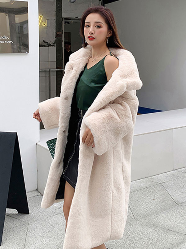 Moda Mujer Chaquetas | Abrigos de piel sintética Abrigo largo de albaricoque de manga larga con cuello de joya para mujer - RN87169