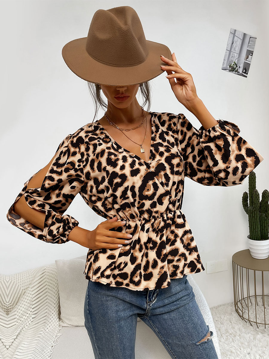 Moda Mujer Tops | Blusa para mujer Estampado de leopardo Estiramiento Cuello en V Casual Manga larga Camiseta de poliéster - MN54543