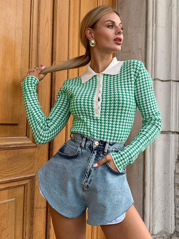 Women's Clothing Sweaters & Cardigans | Women Pullover Sweater Green Buttons Plaid Turndown Collar Long Sleeves Stretch Polyeste