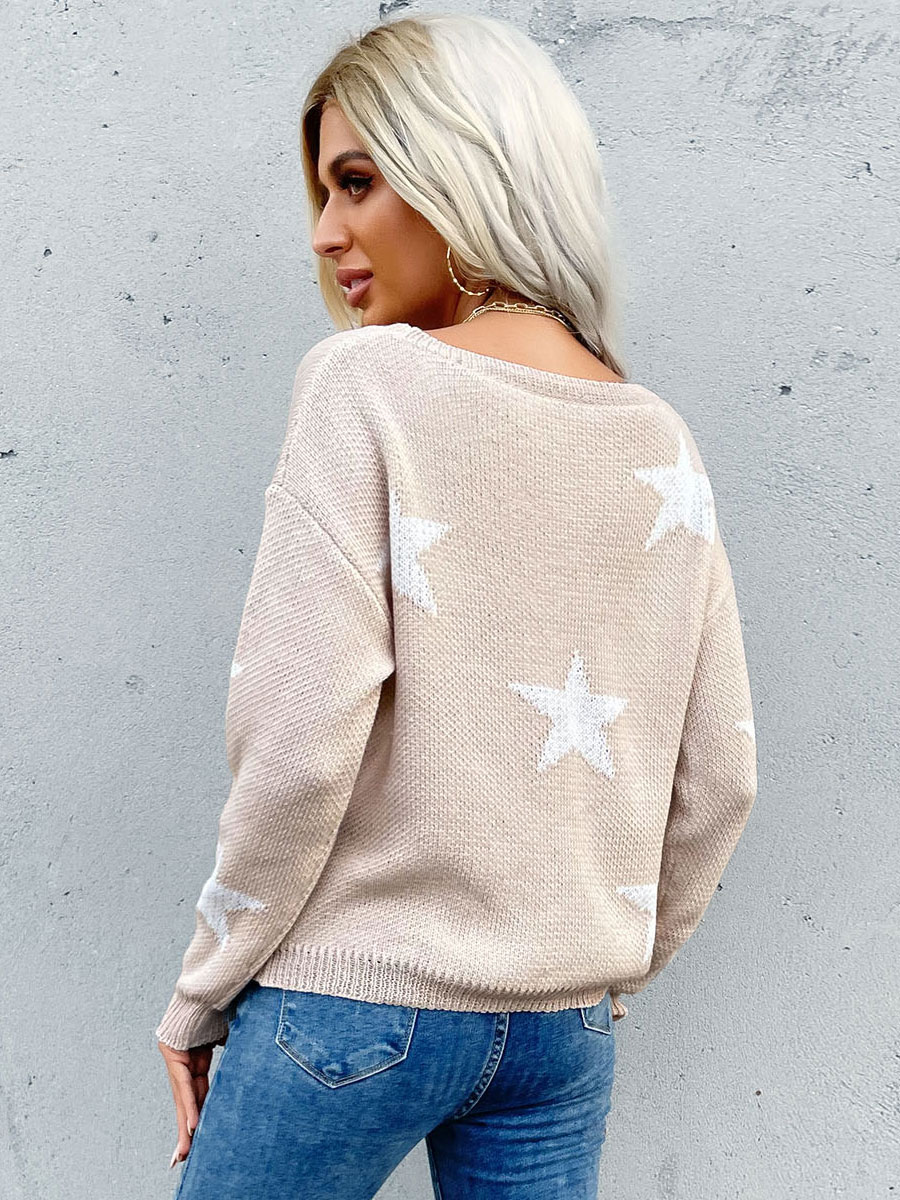 Women's Clothing Sweaters & Cardigans | Women Pullover Sweater Light Apricot Printed Jewel Neck Long Sleeves Stretch Polyester S