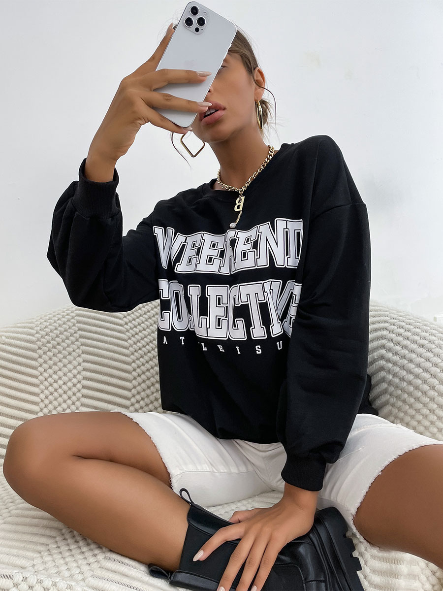 Women's Clothing Outerwear | Women Hoodie Black Long Sleeves Letters Print Polyester Hooded Sweatshirt Cozy Active Outerwear - YF11743