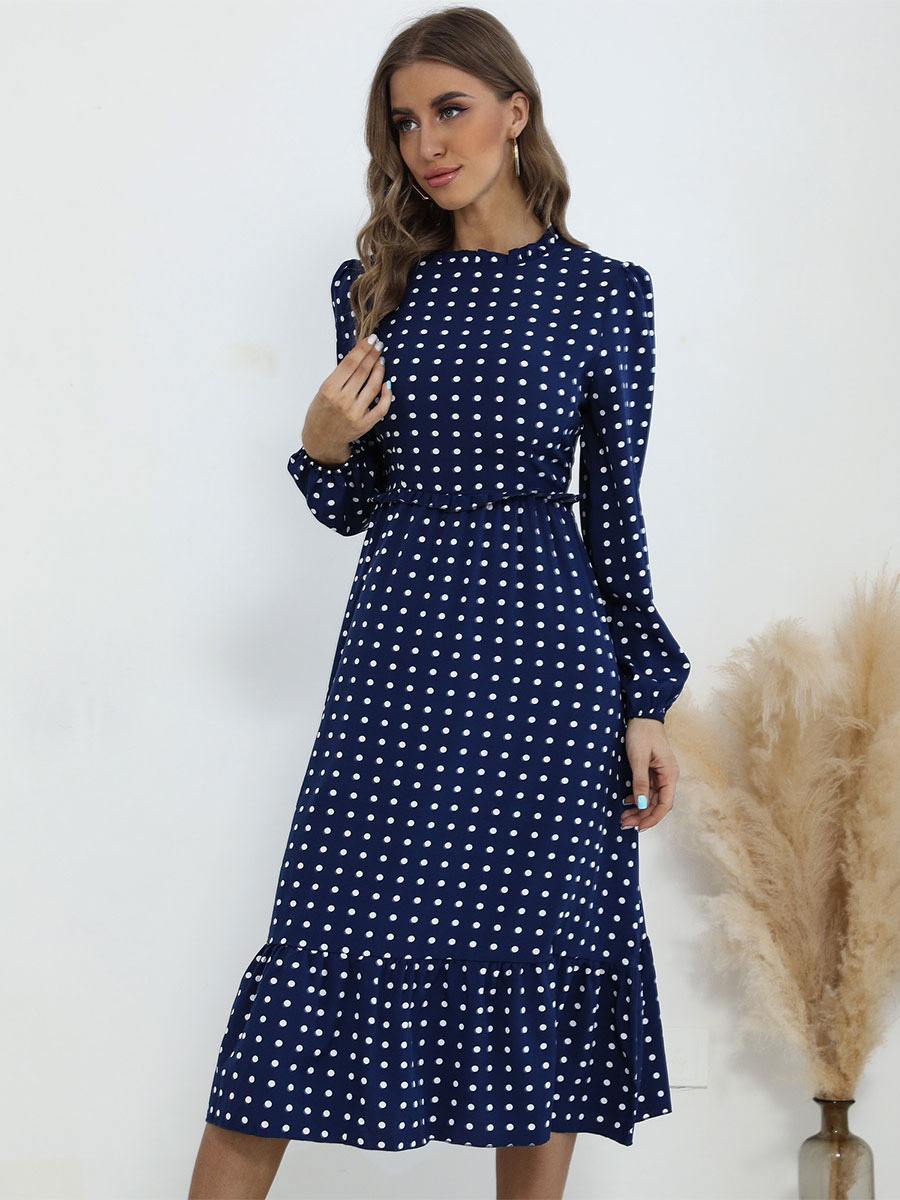 Women's Clothing Dresses | Maxi Dress For Women Jewel Neck Long Sleeves Polyester Casual Polka Dot Stretch Layered Long Dress - 