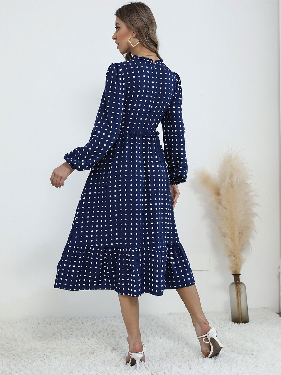 Women's Clothing Dresses | Maxi Dress For Women Jewel Neck Long Sleeves Polyester Casual Polka Dot Stretch Layered Long Dress - 