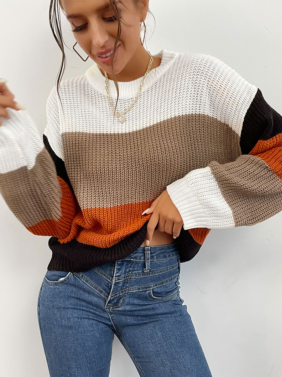 Women's Clothing Sweaters & Cardigans | Pullovers For Women White Color Block Jewel Neck Long Sleeves Stretch Polyester Sweaters