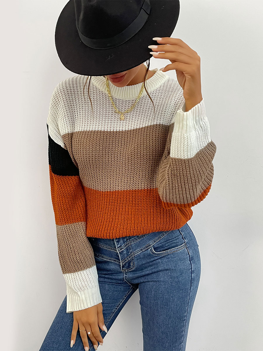 Women's Clothing Sweaters & Cardigans | Pullovers For Women White Color Block Jewel Neck Long Sleeves Stretch Polyester Sweaters